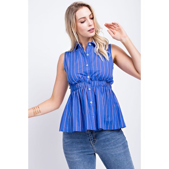 Sleeveless Button Front Collared Casual Striped Peplum Blouse Top - Picture 11 of 11